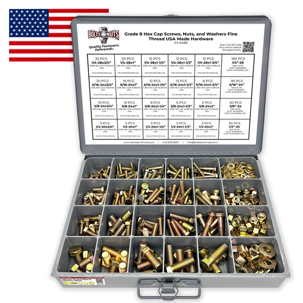 Boltsandnuts.Com Inch Grade 8 Hex Cap Screws, Nuts, and Washers Fine Thread Zinc Yellow USA Made Hardware - 575 PCS Assortment Kit #488 - main